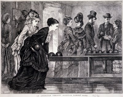 打保龄球的年轻女性，在美国，大约 1870 年-雕刻 作者 未知艺术家