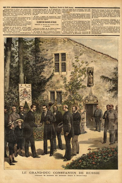 the visit of Constantine Nicolaevich Romanov (1827-1892) Grand Duke of Russia and cousin of Tsar Alexander III (1845-1894), to the house of Joan of Arc in Domremy. Engraving in “” Le petit journal”” 25/06/1892. Selva