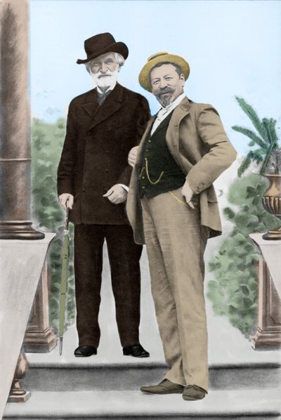 Giuseppe Verdi, Italian composer (1813-1901), and tenor Francesco Tamagno (1850-1905) in Montecatini at the end of the 19th century. 作者 未知的摄影师