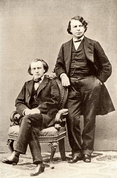 约翰内斯-勃拉姆斯（1833-1897 年），德国作曲家，与约瑟夫-约阿希姆（1831-1907 年），匈牙利小提琴家、作曲家，柏林音乐学院院长，合影。照片（印刷品）的半色调 作者 未知的摄影师