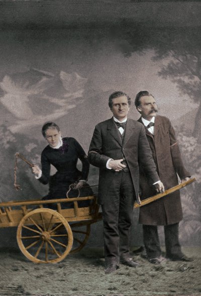 Paul Ree (1849-1901) 英国哲学家 - Lou Andreas-Salome (1861-1937) (Andreas Salome) 俄罗斯精神分析师 - Friedrich Nietzsche (1844-1900) 德国哲学家 - 1882 年 5 月 (Lucerne, Atelier Jules Bonnet) 数值着色 - 作者 未知的摄影师