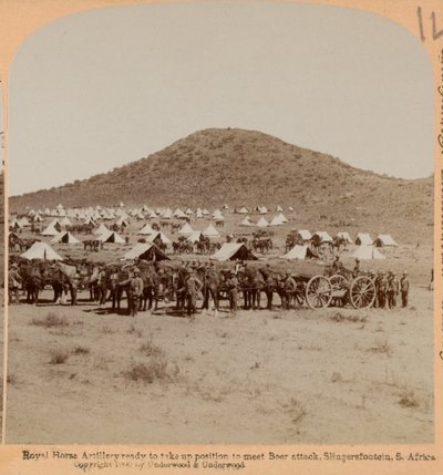 英国皇家骑兵炮兵团，斯林格方丹，布尔战争，约 1899 年（照片，立体）。 作者 未知的摄影师