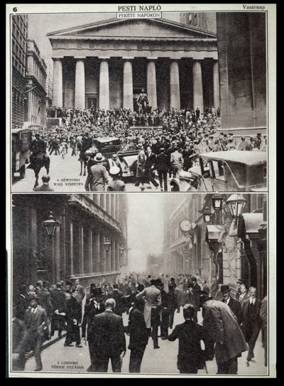 上图：华尔街的黑色岁月；下图：1929 年大崩盘时的伦敦证券交易所，选自《Pesti Naplo 作者 未知的摄影师