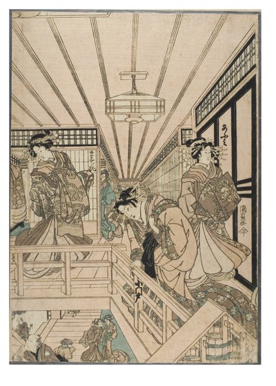 新吉原场景（三联画）。吉原地区的妓院内部与歌妓和顾客，约 1830-1843 年（纸面木版画） 作者 歌川（1786-1865）国定