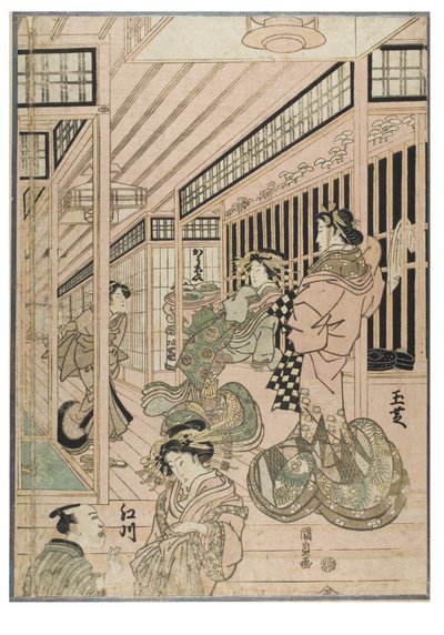 新吉原场景（三联画）。吉原地区的妓院内部与歌妓和顾客，约 1830-1843 年（纸面木版画） 作者 歌川（1786-1865）国定