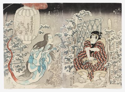 关三条二世饰演神谷二右卫门，上潟（久大里）的小野江菊五郎三世饰演灯笼鬼，三城无不为之喝彩（《三国演义》gohyōban no chōchin no yūrei）。 作者 歌川（1786-1865）国定