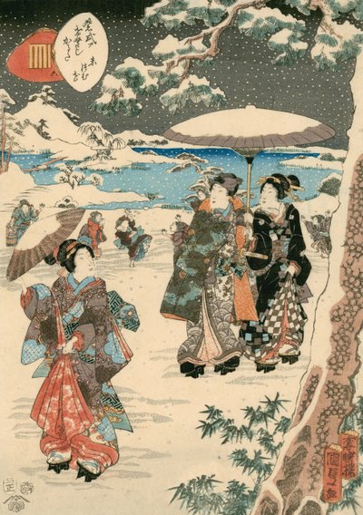 雪中撑伞的人物（《源氏物语》场景）（彩色木刻纸本） 作者 歌川（1786-1865）国定