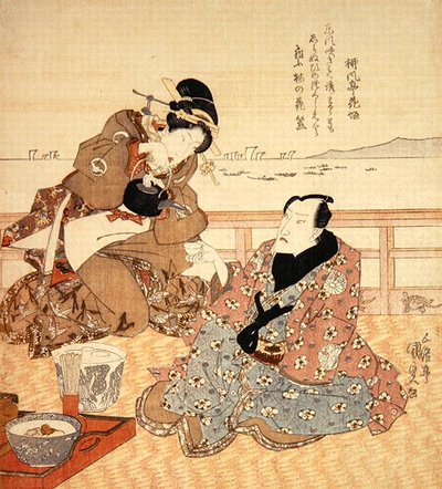 大江菊五郎三世在品川喝茶，约1825年（彩色木版画）（另见282741）。 作者 歌川国贞