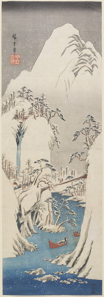 （雪中的基索峡谷），c。赤红 作者 Utagawa Hiroshige