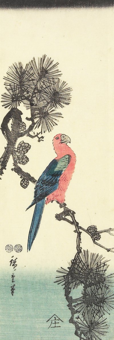 （松树上的鹦鹉），1847-1852 作者 Utagawa Hiroshige