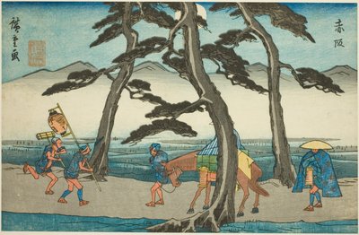 赤坂，选自 "东海道五十三站 "系列，又称 "行商东海道"。 作者 歌川宏重