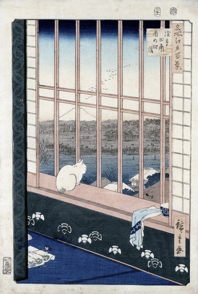 从1861年的“Meisho Edo Hyakkei”系列（江户百景）系列公鸡节目中的浅草稻田（彩色木版画） 作者 Utagawa Hiroshige