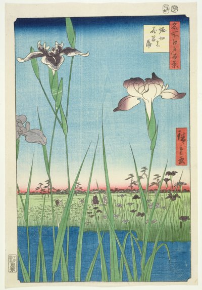 BM.Cat.440在Horikin的鸢尾花，“江户100景”系列中的第56号，（&39;Meisho Edo hyakkei&39;），酒吧1857年，（彩色木版画） 作者 Utagawa Hiroshige