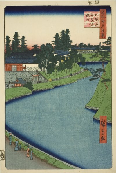 江户百景 "系列中的 "从曹洞樱田到麹町的弁庆护城河"（《曹洞樱田弁庆堀麹町》）。 作者 歌川宏重