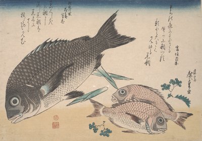 黑海鲷，小鲷鱼，芦笋笋和Sansho Pepper，1830 作者 Utagawa Hiroshige