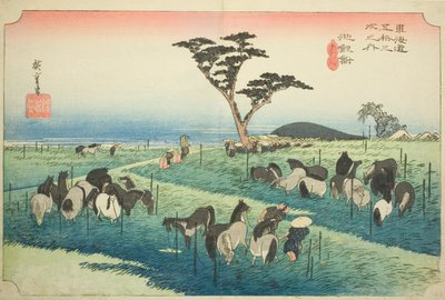 千龙：初夏马市（千龙，shuka uma ichi），选自 "东海道五十三站 "系列，又称 "Hoeido 东海道"。 作者 歌川宏重