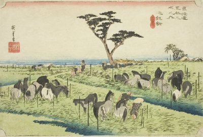 千龙：初夏马市（千龙，shuka uma ichi），选自 "东海道五十三站 "系列，又称 "Hoeido 东海道"。 作者 歌川宏重
