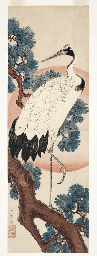在日出时的松树鹤，1850-55（木刻） 作者 Utagawa Hiroshige