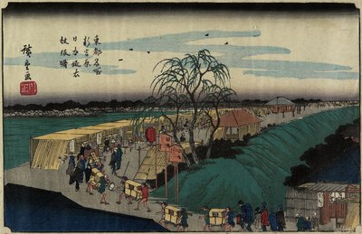 在Shin-Yoshiwara的Nihon-zutsumi Bank的Emonzaka山的黎明，c。 1830 作者 Utagawa Hiroshige