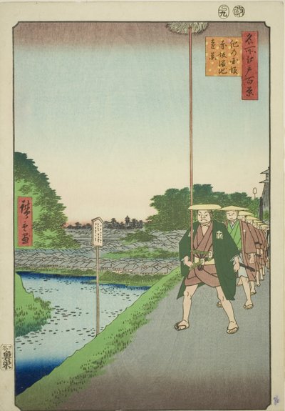 从木之国山坡远眺赤坂水库（木之国坂赤坂淡池远景），选自 "江户百景 "系列 作者 歌川宏重