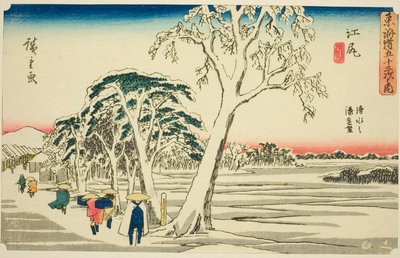 江尻：Ejiri, Shimizu no minato enbo, yukibare），选自 "东海道五十三站 "系列，又称 "行商东海道"。 作者 歌川宏重