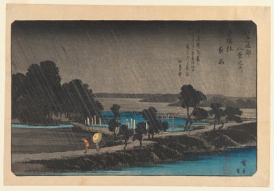 Azumi no Mori的晚上雨，c.1838（彩色木版画） 作者 歌川宏重
