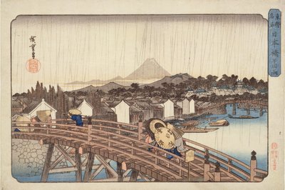 Nihonbashi Bridge的晚间淋浴，来自东部首都的着名景点。 1832年（木版彩色印刷） 作者 歌川宏重