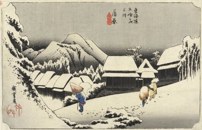 从东海道的53个车站，酒吧的Kambara，No.16开雪。 by Hoeido，1833，（oban尺寸，yoko-e-横向格式，彩色木版画） 作者 歌川宏重