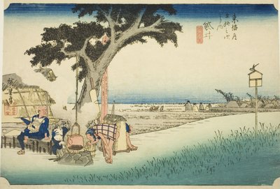 福来：茶摊（Fukuroi, dejaya no zu），选自 "东海道五十三驿站（Tokaido gojusan tsugi no uchi）"系列，又称 "Hoeido Tokaido"。 作者 歌川宏重