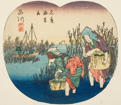 在品川大森采集海藻（品川，大森，meisan nori tori），"东海道剪影 "系列第 1 张的一部分 作者 歌川宏重