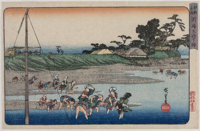 在1830年代中期，从江户著名景点系列中的Susaki，在退潮时收集贝类。 作者 歌川宏重