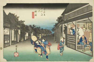 御余：驿站旅人（Goyu, tabibito tomeru onna），选自 "东海道五十三驿站（Tokaido gojusan tsugi no uchi）"系列，又称 "Hoeido Tokaido"。 作者 歌川宏重