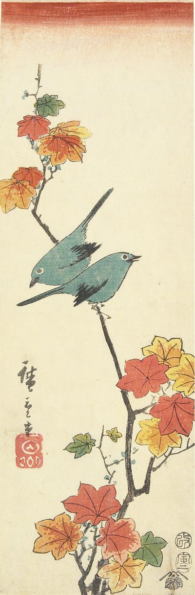 日本白眼在枫树枝上，1854年 作者 Utagawa Hiroshige