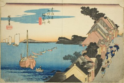 神奈川：堤岸景色（神奈川，大堤），选自 "东海道五十三站 "系列，又称 "Hoeido 东海道"。 作者 歌川宏重