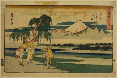 Kanbara: 从岩渊眺望富士河（Kanbara, Iwafuchi yori Fujikawa o miru zu），选自 "东海道五十三站 "系列，又称 "行庄东海道"。 作者 歌川宏重