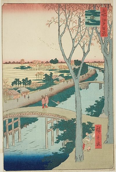 江户百景（名所江户百景）"系列中的第 104 号 "光目堤"（Koumezutsumi）。 作者 歌川宏重