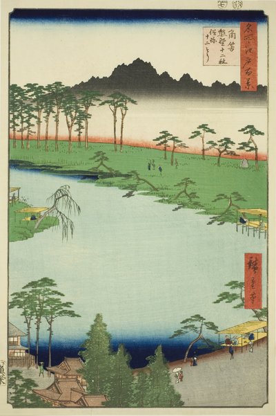位于常野津的熊野菩萨社，俗称菩萨社（常野津熊野菩萨社，zokusho Juniso），出自 "江户百景 "系列。 作者 歌川宏重