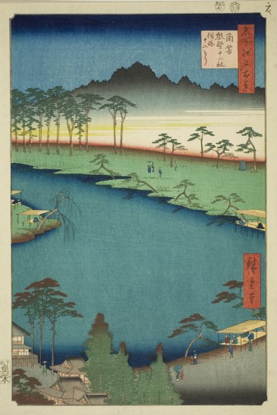 位于常野津的熊野菩萨社，俗称菩萨社（常野津熊野菩萨社，zokusho Juniso），出自 "江户百景 "系列。 作者 Utagawa Hiroshige