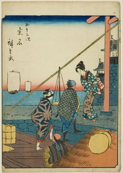 桑名，选自 "东海道五十三站 "系列，又称 "人形东海道"。 作者 歌川宏重