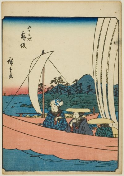 舞坂，选自 "东海道五十三站 "系列，又称 "人形东海道"。 作者 歌川宏重
