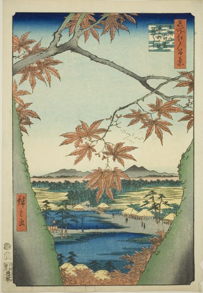 江户百景 "系列中的 "Mama 的枫树、手皷神社和津木桥"（Mama no momiji, Tekona no yashiro, Tsugihashi）。 作者 歌川宏重