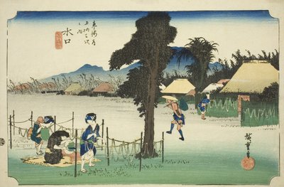 水口：东海道五十三站 "系列中的 "Minakuchi：当地特产葫芦屑干（Minakuchi, meibutsu kanpyo）"，也称为 "Hoeido Tokaido"（东海道五十三站）。 作者 歌川宏重