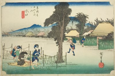 水口：东海道五十三站 "系列中的 "Minakuchi：当地特产葫芦屑干（Minakuchi, meibutsu kanpyo）"，也称为 "Hoeido Tokaido"（东海道五十三站）。 作者 歌川宏重