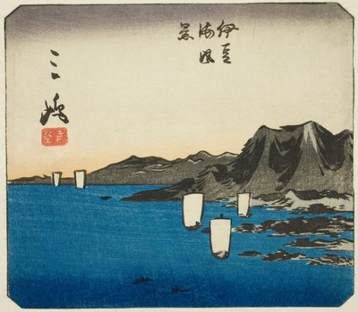 三岛，"东海道剪影（Tokaido harimaze zue）"系列第 3 号纸的部分 作者 歌川宏重