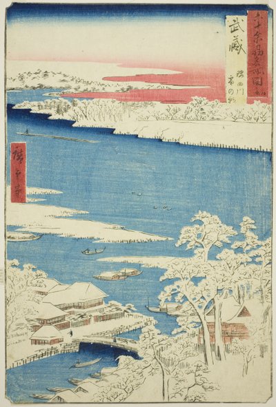 武藏省：隅田川雪后的早晨（武藏，隅田川雪之灰田），选自 "六十余省名胜 "系列 作者 歌川宏重
