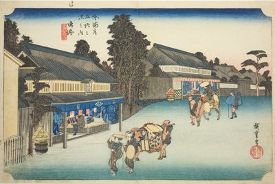 鸣海：成海：有松的著名扎染织物（Narumi, meibutsu Arimatsu shibori），选自 "东海道五十三站 "系列，也被称为 "Hoeido Tokaido"。 作者 歌川宏重