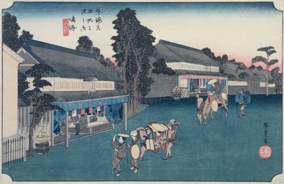 Narumi：当地面料Arimatsu Shibori商店，来自“东海道五十三站”系列，c.1834-35（彩色木版画） 作者 Utagawa Hiroshige