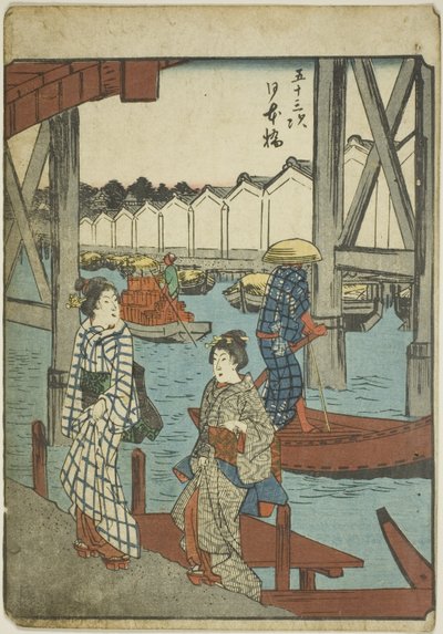日本桥（Nihonbashi），选自 "东海道五十三站（Gojusan tsugi）"系列，又称人物东海道（Jinbutsu Tokaido）。 作者 歌川宏重