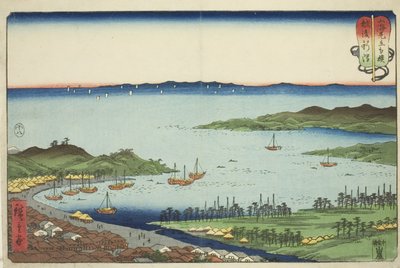 越后省的新泻市（越后新泻），选自 "山海间的摔跤比赛（Sankai mitate zumo）"系列 作者 歌川宏重
