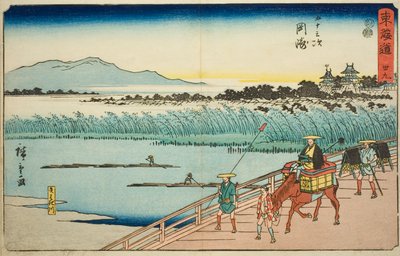 冈崎：八萩川（冈崎，八幡川）--第 39 号，选自 "东海道五十三站 "系列，又称 "丽正东海道"。 作者 歌川宏重